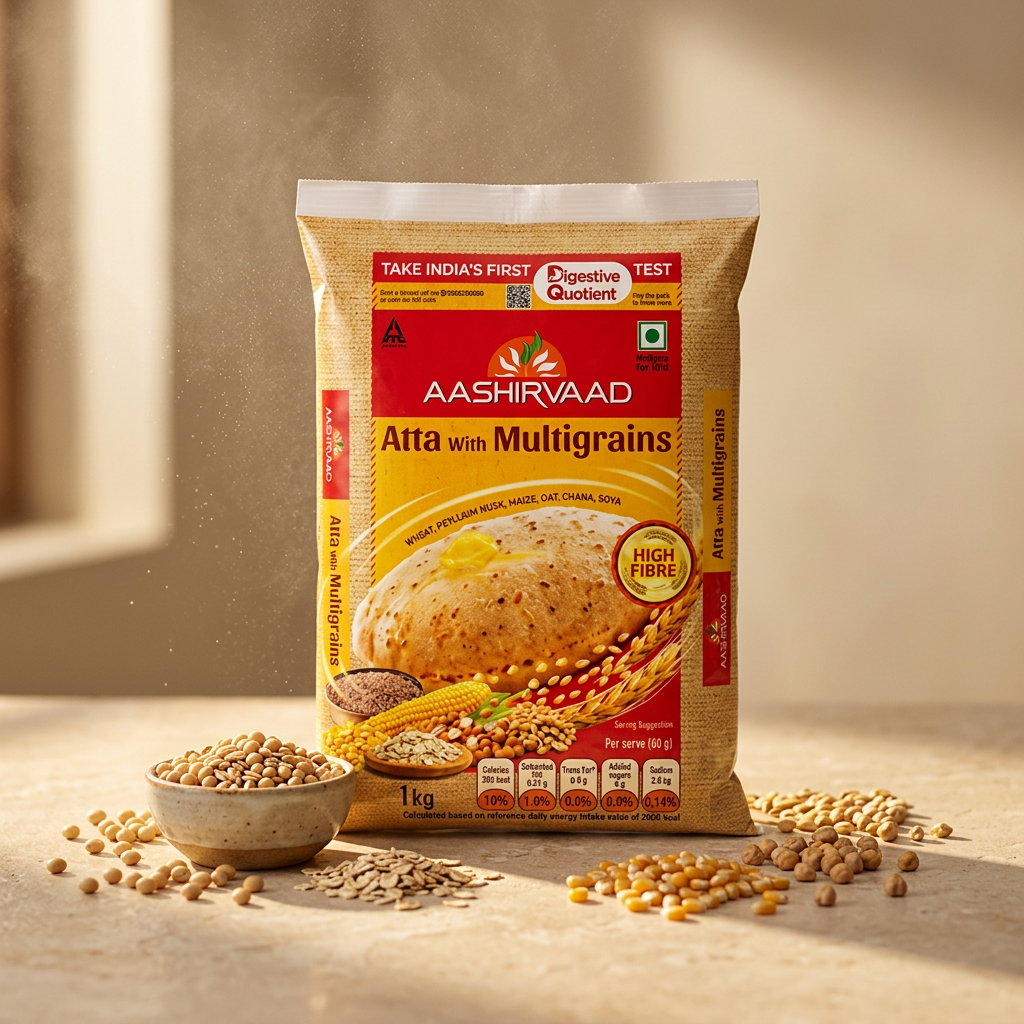 Aashirvaad Atta with Multigrains pack surrounded by soya, oat, maize and chana seeds